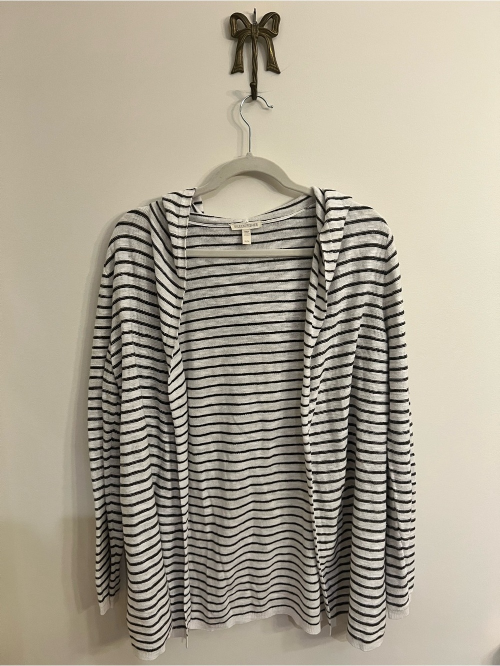 Eileen Fisher Organic Linen Cotton Striped Hooded Cardigan Sweater M Black White